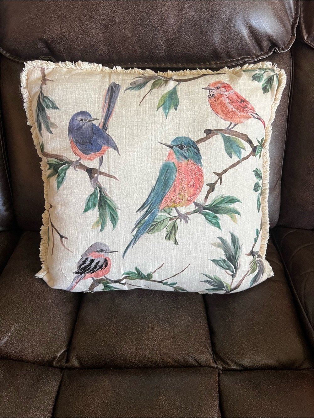 Decorative Cream Pillow with Multicolor Bird Print